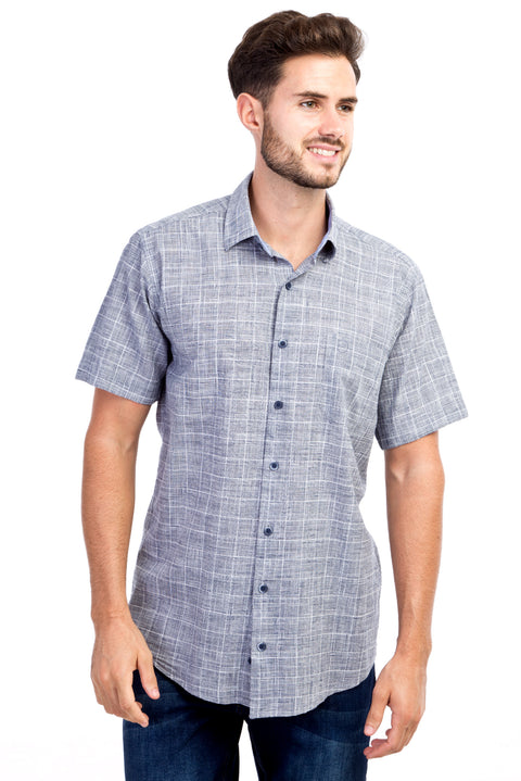 Siyah Kısa Kol Regular Fit Ekose Pamuk Gömlek