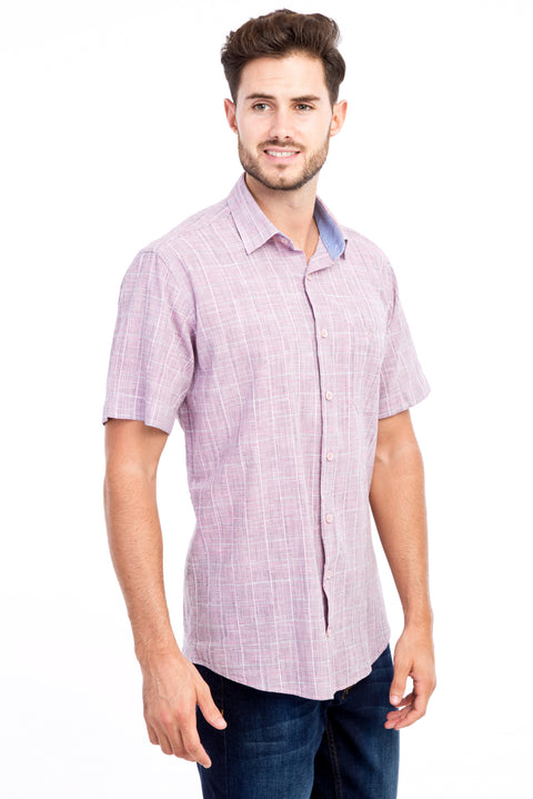 Pink Short Sleeve Regular Fit Plaid Cotton Shirt