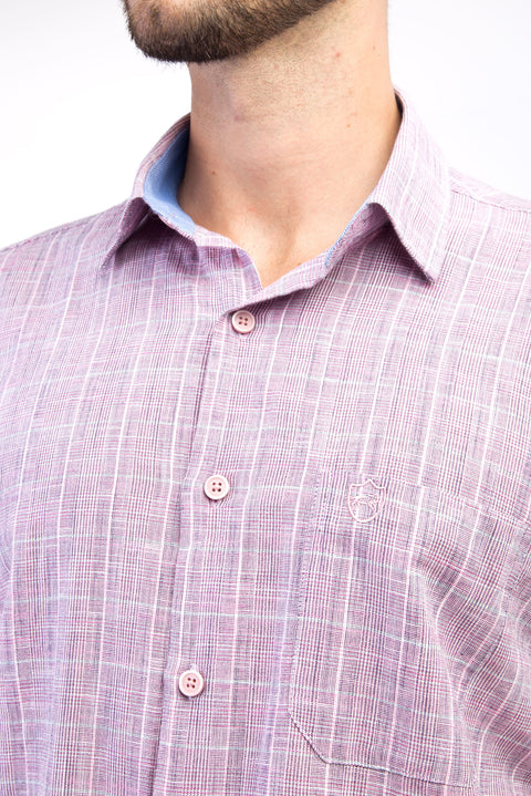 Pink Short Sleeve Regular Fit Plaid Cotton Shirt