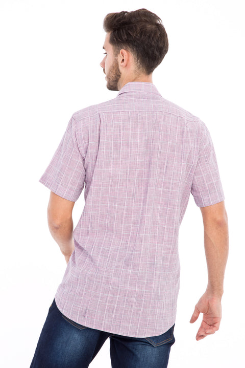 Pink Short Sleeve Regular Fit Plaid Cotton Shirt
