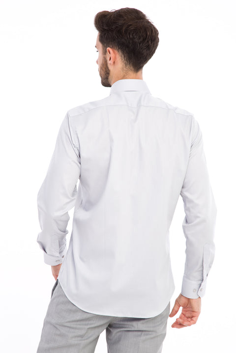 Açık Gri Uzun Kol Non Iron Saten Slim Fit Dar Kesim Gömlek