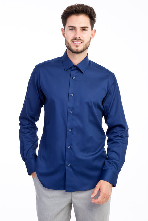 Lacivert Uzun Kol Non Iron Saten Slim Fit Dar Kesim Gömlek