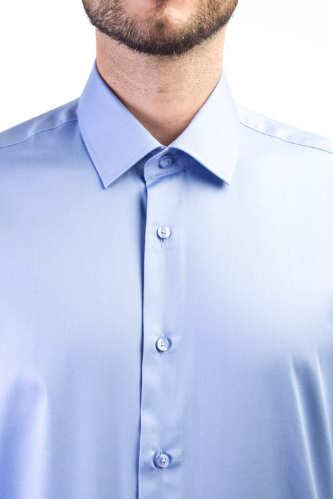 Mavi Uzun Kol Slim Fit Dar Kesim Non Iron Saten Gömlek