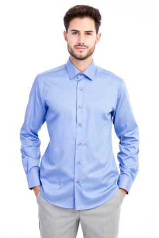  Mavi Uzun Kol Non Iron Slim Fit Dar Kesim Saten Gömlek