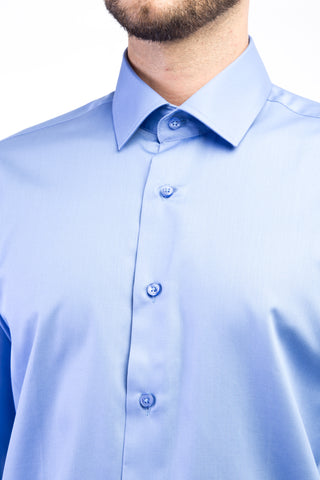  Mavi Uzun Kol Non Iron Slim Fit Dar Kesim Saten Gömlek