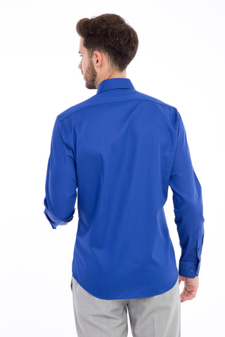  Mavi Uzun Kol Slim Fit Dar Kesim Non Iron Saten Gömlek