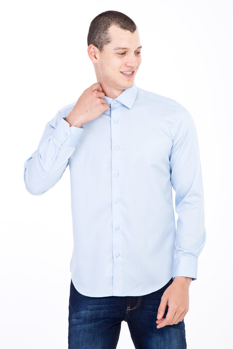 Açık Mavi Uzun Kol Non Iron Saten Slim Fit Dar Kesim Gömlek