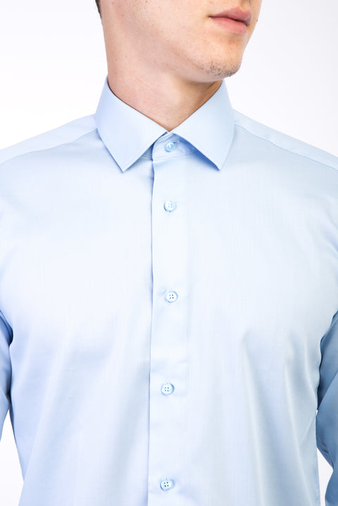 Açık Mavi Uzun Kol Non Iron Saten Slim Fit Dar Kesim Gömlek