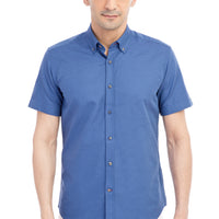 Lacivert Kısa Kol Desenli Slim Fit Dar Kesim Pamuk Gömlek