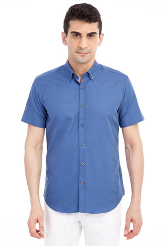  Lacivert Kısa Kol Desenli Slim Fit Dar Kesim Pamuk Gömlek