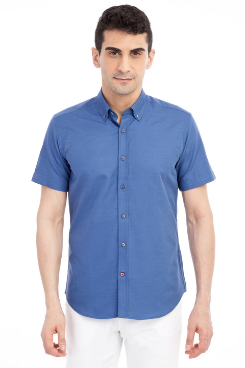 Lacivert Kısa Kol Desenli Slim Fit Dar Kesim Pamuk Gömlek
