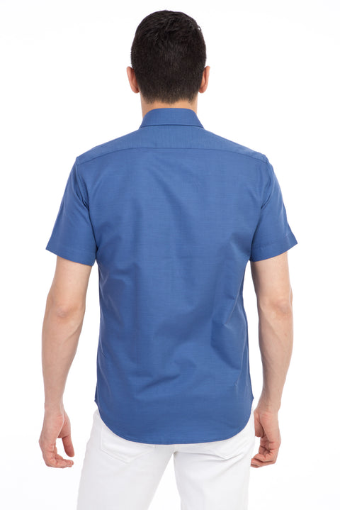 Lacivert Kısa Kol Desenli Slim Fit Dar Kesim Pamuk Gömlek