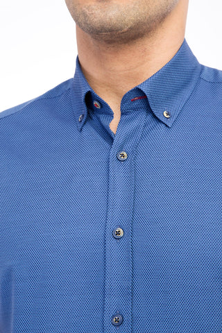  Lacivert Kısa Kol Desenli Slim Fit Dar Kesim Pamuk Gömlek