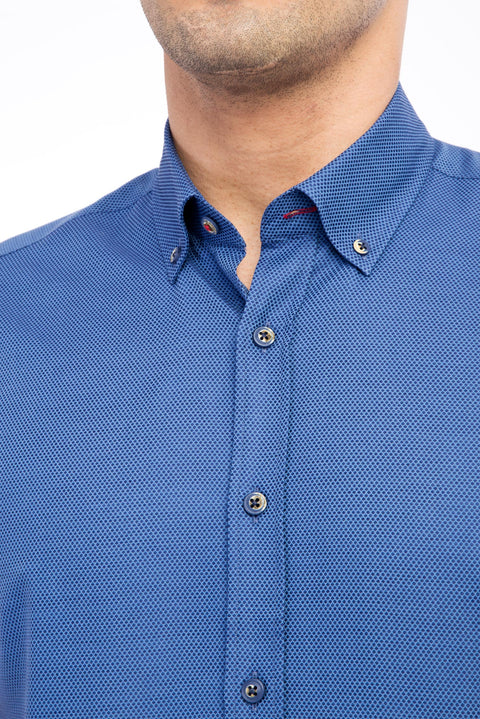 Lacivert Kısa Kol Desenli Slim Fit Dar Kesim Pamuk Gömlek