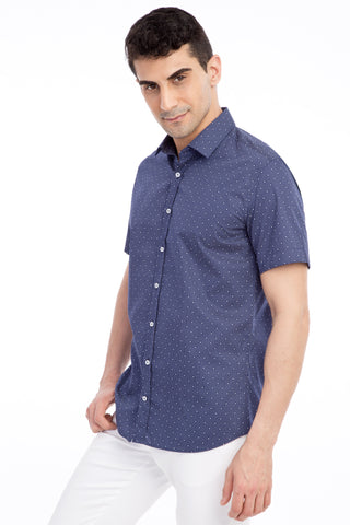  Lacivert Kısa Kol Slim Fit Dar Kesim Desenli Pamuk Gömlek
