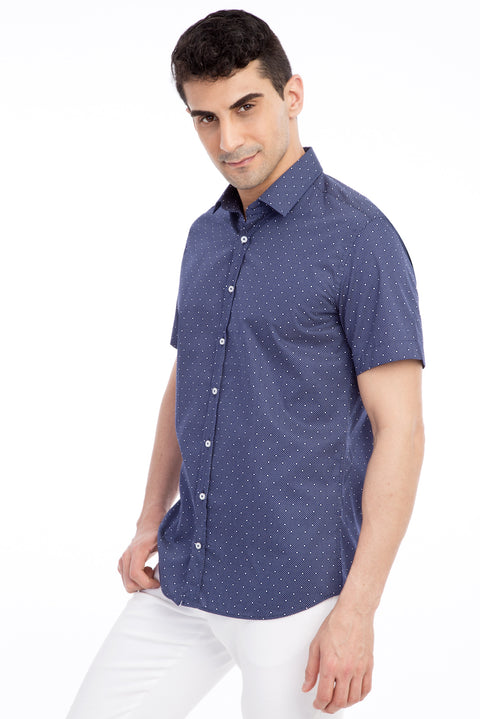 Lacivert Kısa Kol Slim Fit Dar Kesim Desenli Pamuk Gömlek