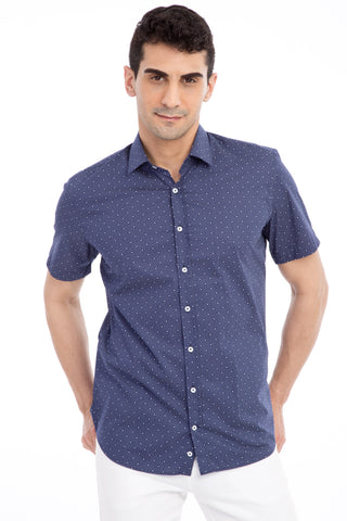  Lacivert Kısa Kol Slim Fit Dar Kesim Desenli Pamuk Gömlek