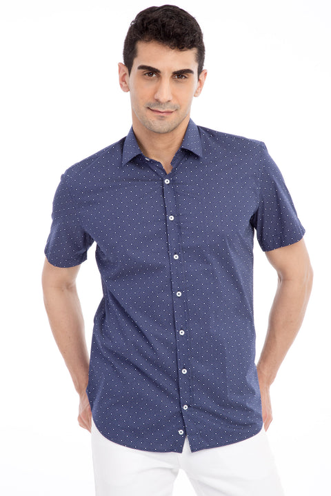 Lacivert Kısa Kol Slim Fit Dar Kesim Desenli Pamuk Gömlek