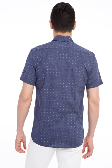 Lacivert Kısa Kol Slim Fit Dar Kesim Desenli Pamuk Gömlek