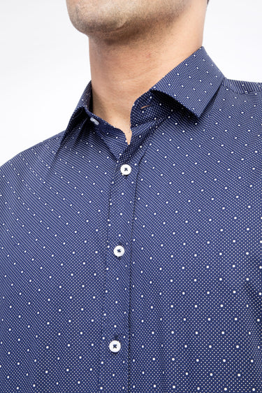 Lacivert Kısa Kol Slim Fit Dar Kesim Desenli Pamuk Gömlek