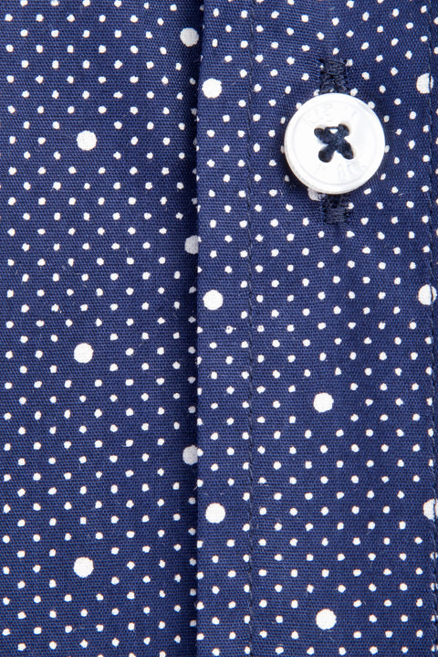 Lacivert Kısa Kol Slim Fit Dar Kesim Desenli Pamuk Gömlek