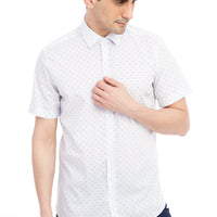 Beyaz Kısa Kol Slim Fit Dar Kesim Desenli Pamuk Gömlek