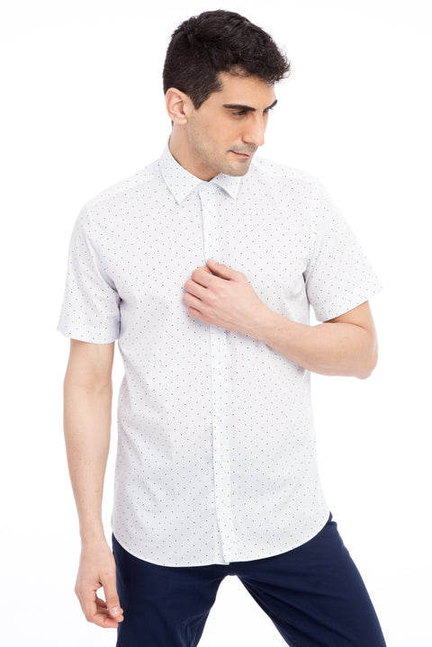 Beyaz Kısa Kol Slim Fit Dar Kesim Desenli Pamuk Gömlek