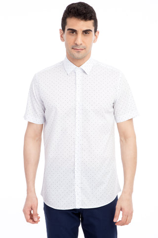  Beyaz Kısa Kol Desenli Slim Fit Dar Kesim Pamuk Gömlek