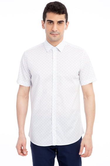  Beyaz Kısa Kol Slim Fit Dar Kesim Desenli Pamuk Gömlek