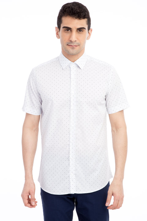 Beyaz Kısa Kol Slim Fit Dar Kesim Desenli Pamuk Gömlek