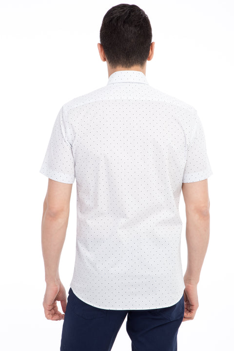 Beyaz Kısa Kol Slim Fit Dar Kesim Desenli Pamuk Gömlek