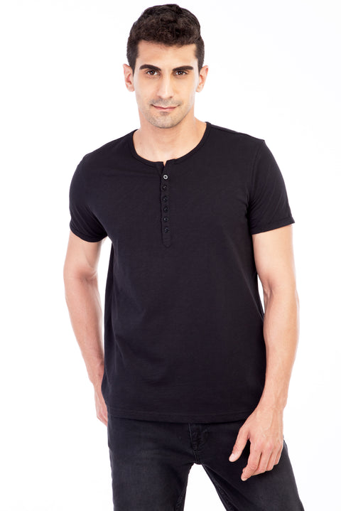 Siyah Bisiklet Yaka Düğmeli Regular Fit Pamuk Tişört