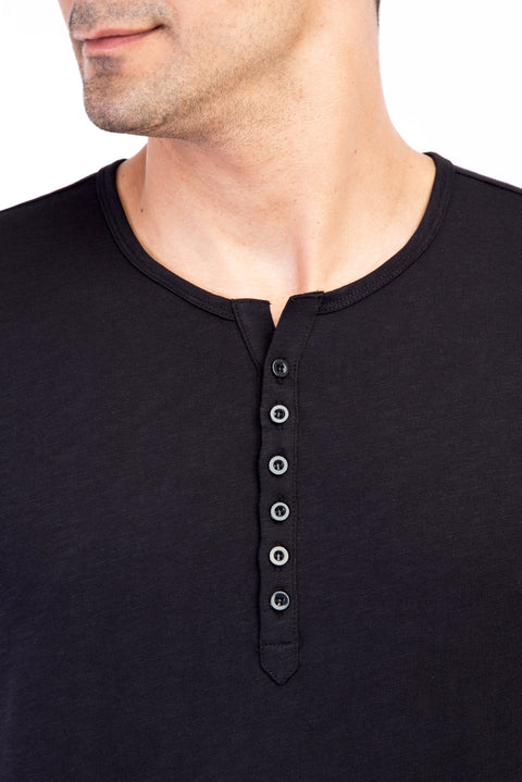 Siyah Bisiklet Yaka Düğmeli Regular Fit Pamuk Tişört