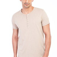 Beige Crew Neck Buttoned Regular Fit Cotton T-shirt