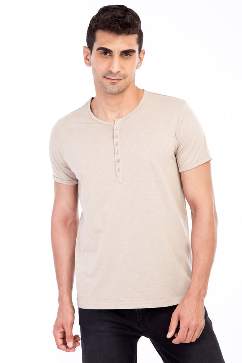 Beige Crew Neck Buttoned Regular Fit Cotton T-shirt