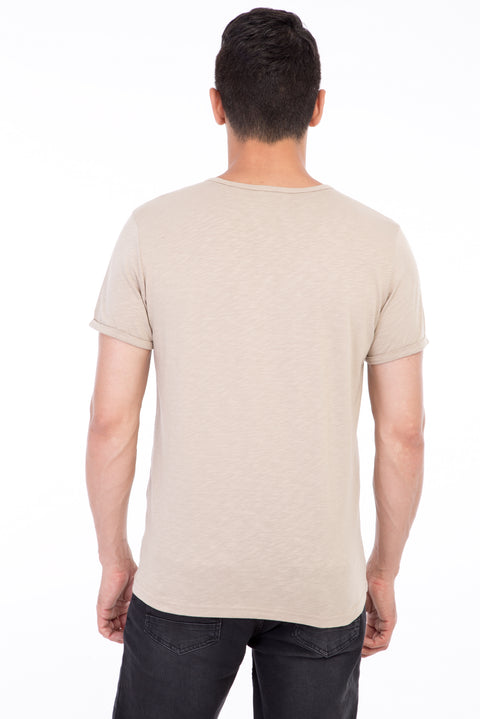 Beige Crew Neck Buttoned Regular Fit Cotton T-shirt