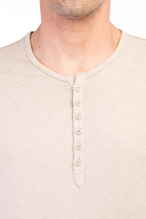 Beige Crew Neck Buttoned Regular Fit Cotton T-shirt