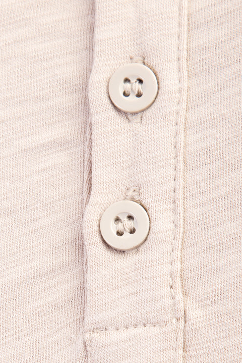 Beige Crew Neck Buttoned Regular Fit Cotton T-shirt