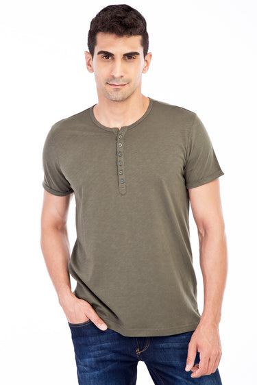 Haki Regular Fit Düğmeli Yaka Pamuk Tişört