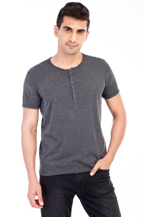 Anthracite Regular Fit Button-Down Collar Cotton T-Shirt