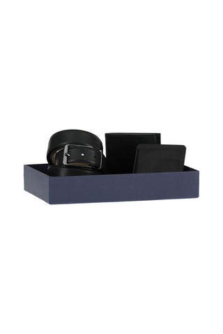  Siyah Düz 3'lü Kemer & Cüzdan & Kartlık Hediye Kutulu Set