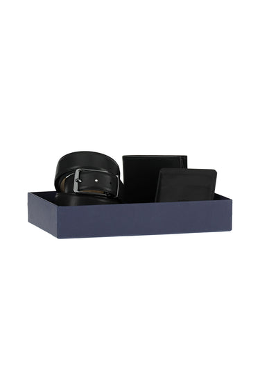  Siyah Düz 3'lü Kemer & Cüzdan & Kartlık Hediye Kutulu Set