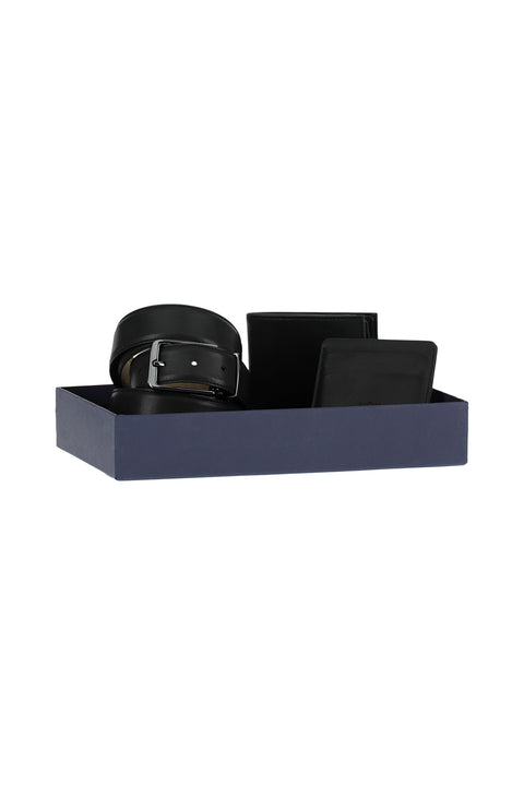 Siyah Düz 3'lü Kemer & Cüzdan & Kartlık Hediye Kutulu Set