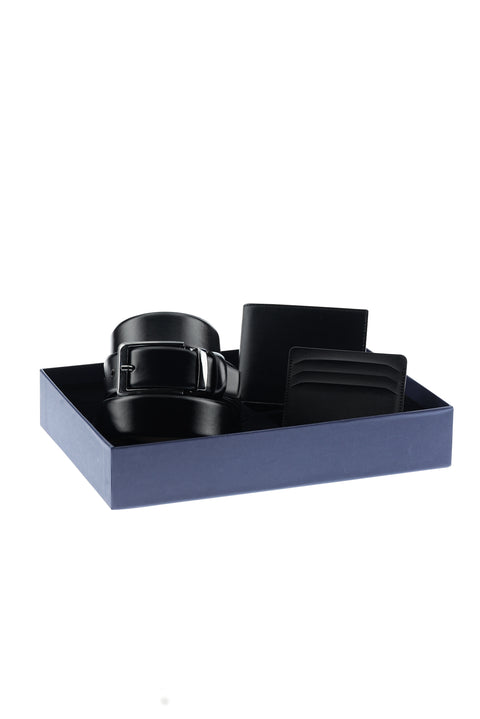 Siyah Desenli 3'lü Kemer & Cüzdan & Kartlık Hediye Kutulu Set