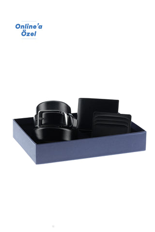  Siyah Desenli 3'lü Kemer & Cüzdan & Kartlık Hediye Kutulu Set