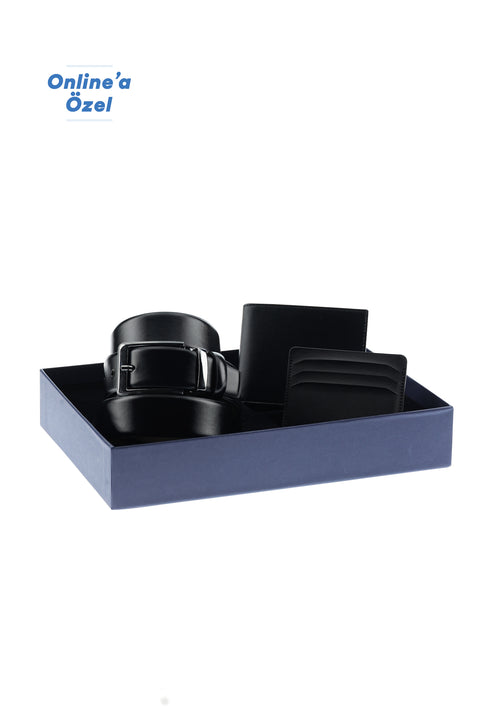 Siyah Desenli 3'lü Kemer & Cüzdan & Kartlık Hediye Kutulu Set