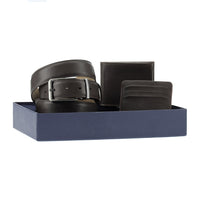 Koyu Kahve Düz 3'lü Kemer & Cüzdan & Kartlık Hediye Kutulu Set