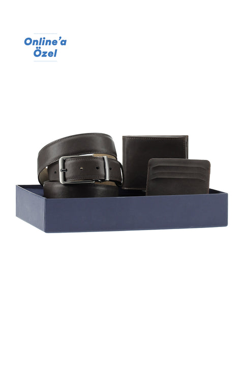 Dark Brown Plain 3-Piece Belt, Wallet & Card Holder Set in Gift Box