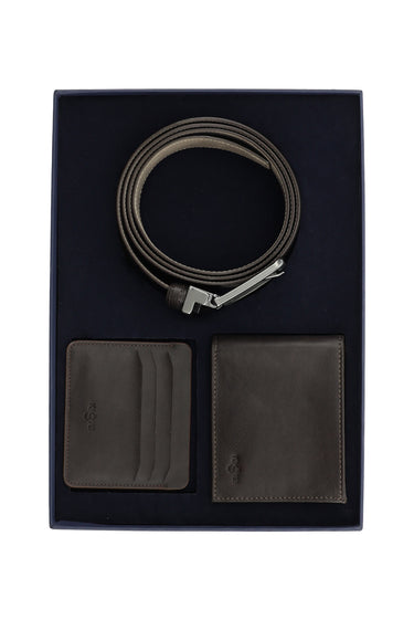 Koyu Kahve Düz 3'lü Kemer & Cüzdan & Kartlık Hediye Kutulu Set