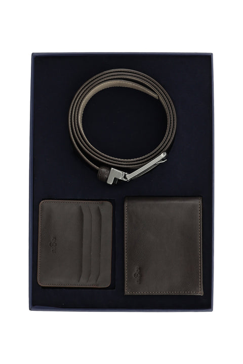 Koyu Kahve Düz 3'lü Kemer & Cüzdan & Kartlık Hediye Kutulu Set